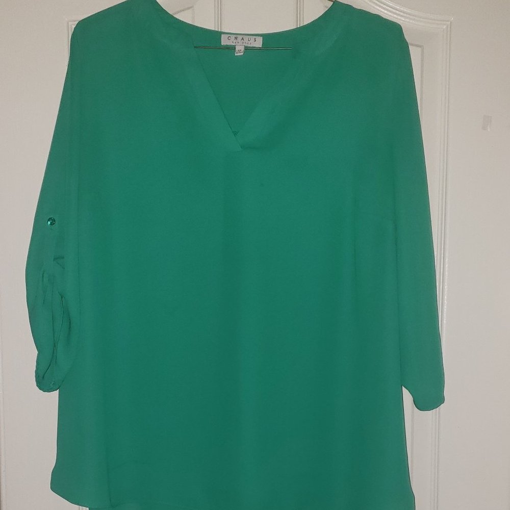 Chaus NY Green Tunic Blouse 3/4 Sleeve Shark Bite Style Size 2X